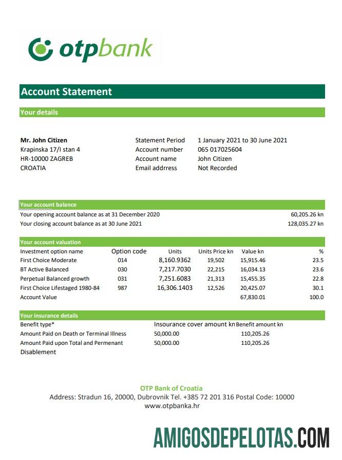 Extrato bancário OTP realista da Croácia, modelo fácil de preencher em formato Excel e PDF